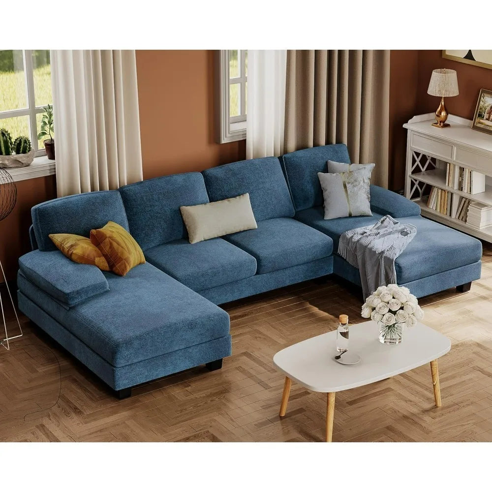 Sectional Couches for Living Room, U-Shaped Sofa Couch with Linen Fabric, 4 Seat Sofa Set with Double Chaise for Apartment Grey