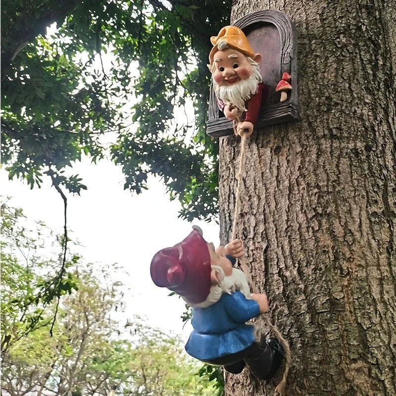 Resin Climbing Gnome Sculpture White Beard Dwarf Art Statue Courtyard Landscape Figurines Garden Tree Decoration Elf Pendant - NJPH Best Selling 