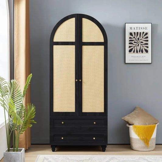 Wardrobe Closet, Rattan Freestanding Bedroom Armoire 2 Drawers and Hanging Rod, 74.8” Tall Wardrobe Storage Cabinet (Black)