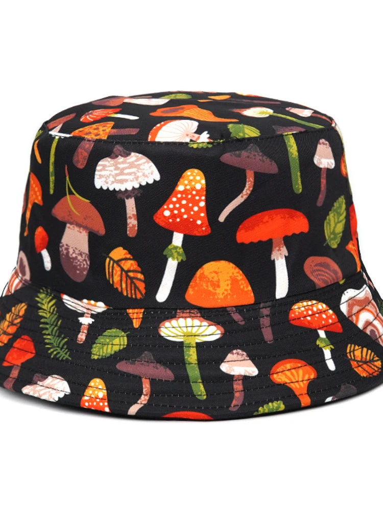 2023 New Mushroom Print Fisherman Hat Women Men Bucket Hat Outdoor Double-sided Sunshade Fashion Basin Panama Bob Cap - NJPH Best Selling 