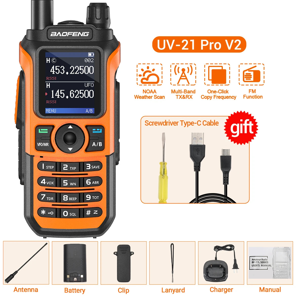 Baofeng UV-21 Pro V2 Wireless Copy Frequency Tri Band Powerful Waterproof Long Range UV-5R 22Pro S22 Type-C Two Way Radio - NJPH Best Selling 