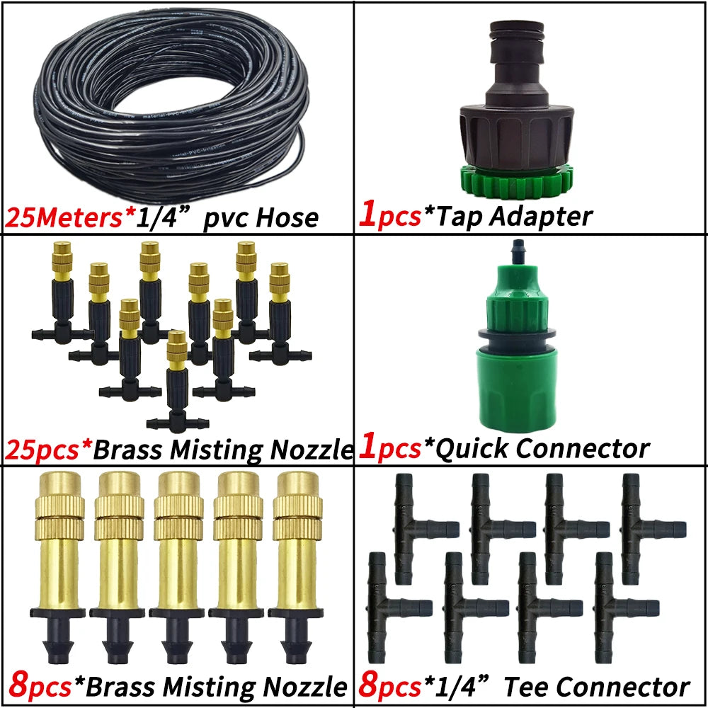 5M-30M Outdoor Misting Cooling System Garden Irrigation Watering 1/4'' Brass Atomizer Nozzles 4/7mm Hose for Patio Greenhouse - NJPH Best Selling 