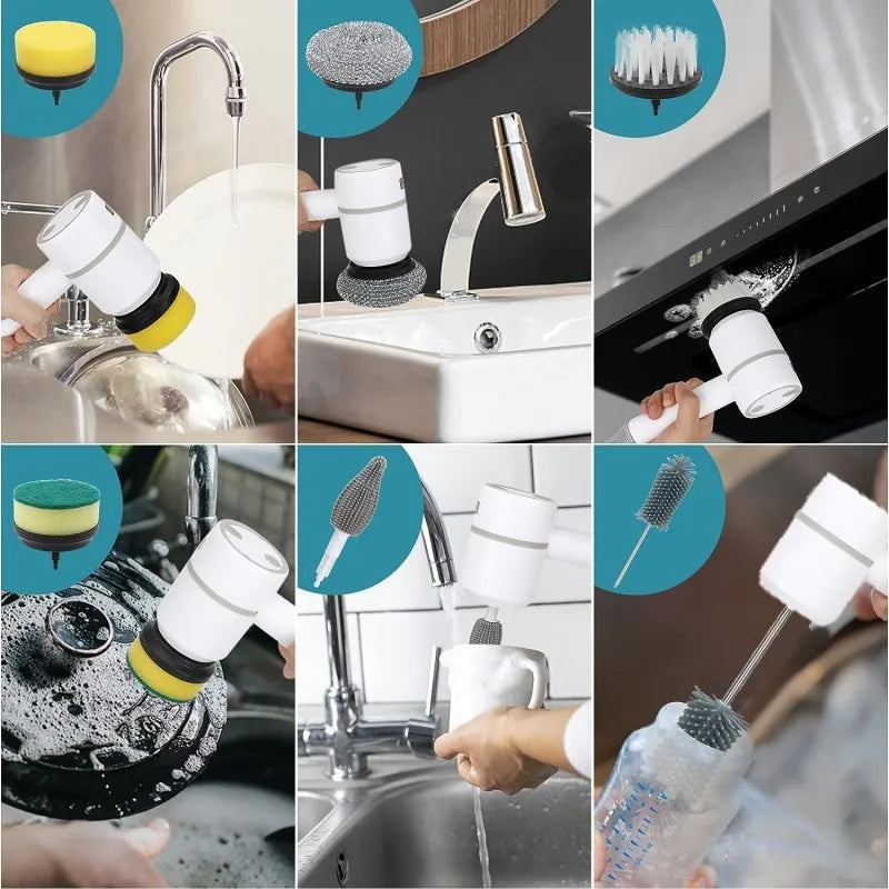 Multifunctional Electric Spin Scrubber Rechargeable with 6 Replaceable Cleaning Brush Heads or Bathroom Kitchen Oven Dish Floor - NJPH Best Selling 