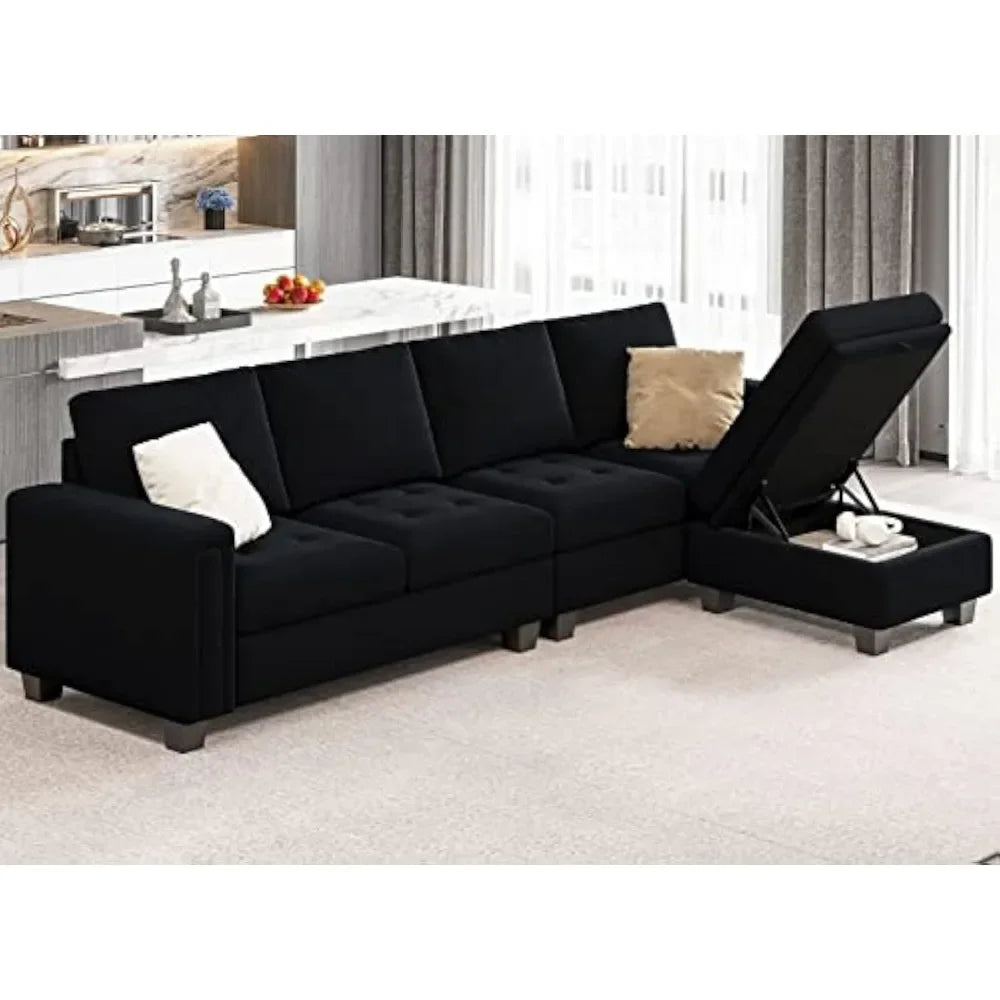 Velvet Reversible Sectional Sofa with Chasie Convertible Sectional Couch with Storage Ottoman L Shaped 4-seat Sectional Sofa