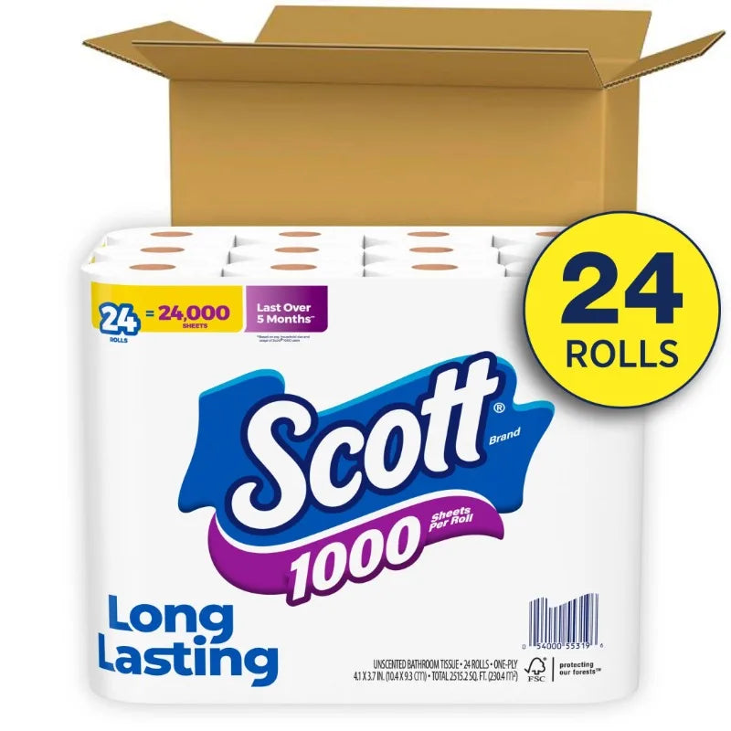 Scott 1000 Toilet Paper, 24 Rolls, 1,000 Sheets per Roll - NJPH Best Selling 