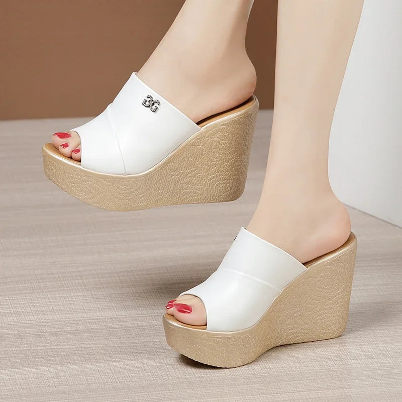 Summer Ladies Slippers New Fashion Thick Sole Wedge Women's Sandals 2024 Designer High Heel Sandals Open Toe Fish Mouth Shoes - NJPH Best Selling 