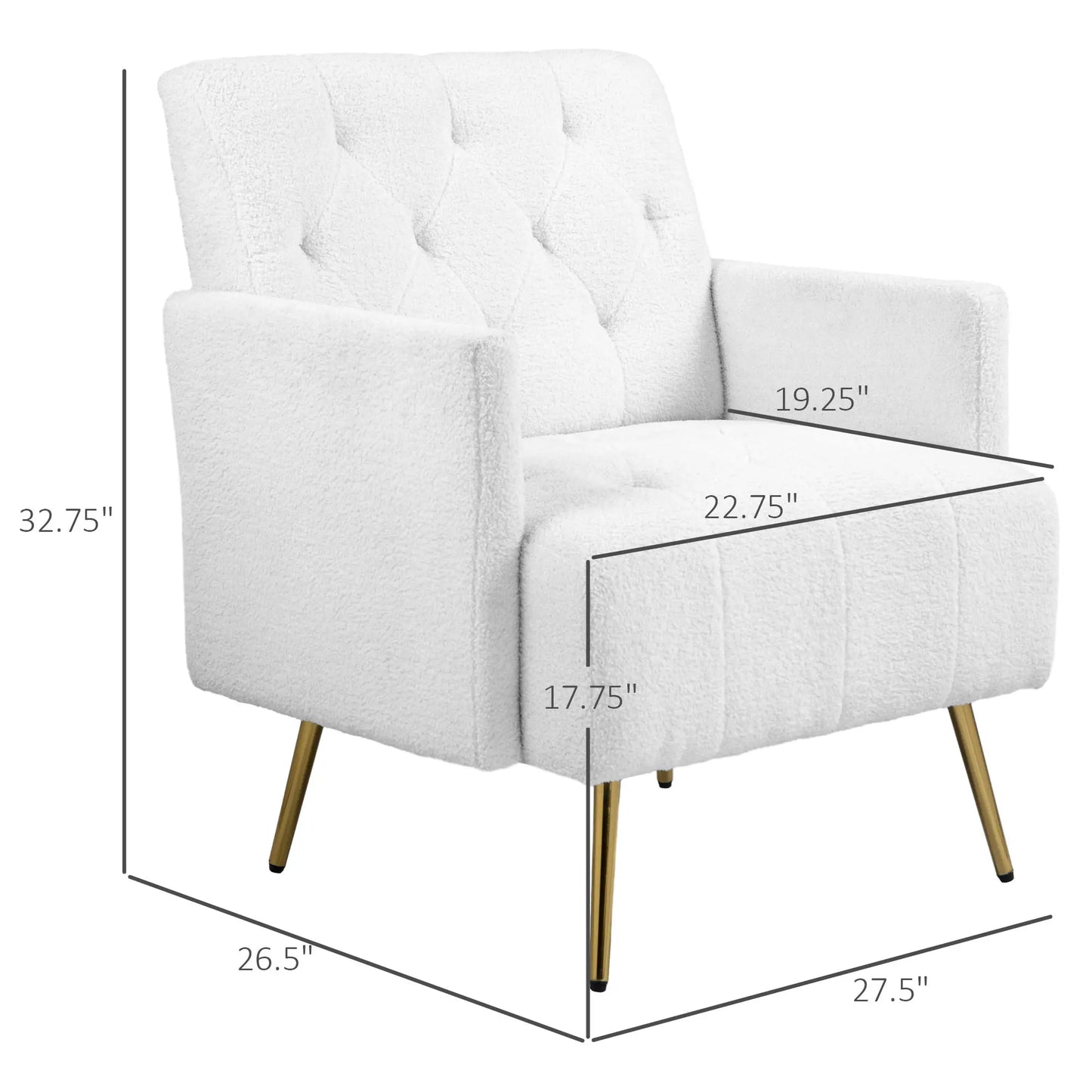 HOMCOM Modern Sherpa Accent Chair, Upholstered Tufted Armchair with Gold Steel Legs, Comfy Living Room Chairs, White