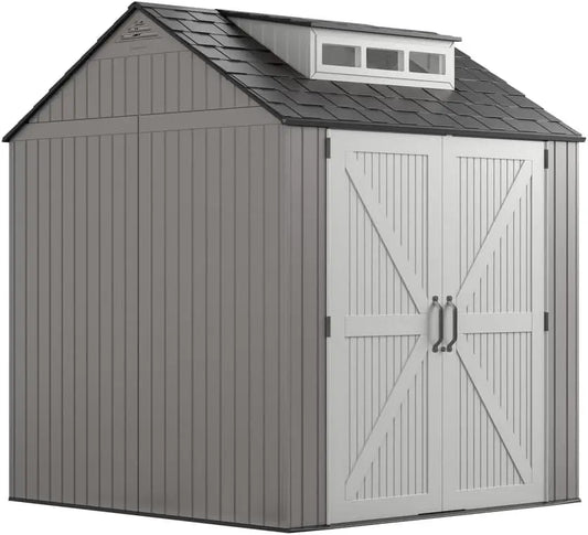 Rubbermaid Resin Outdoor Storage Shed With Floor (7 x 7 Ft), Weather Resistant, Gray, Organization for Home/Backyard/Garden Tool - NJPH Best Selling 