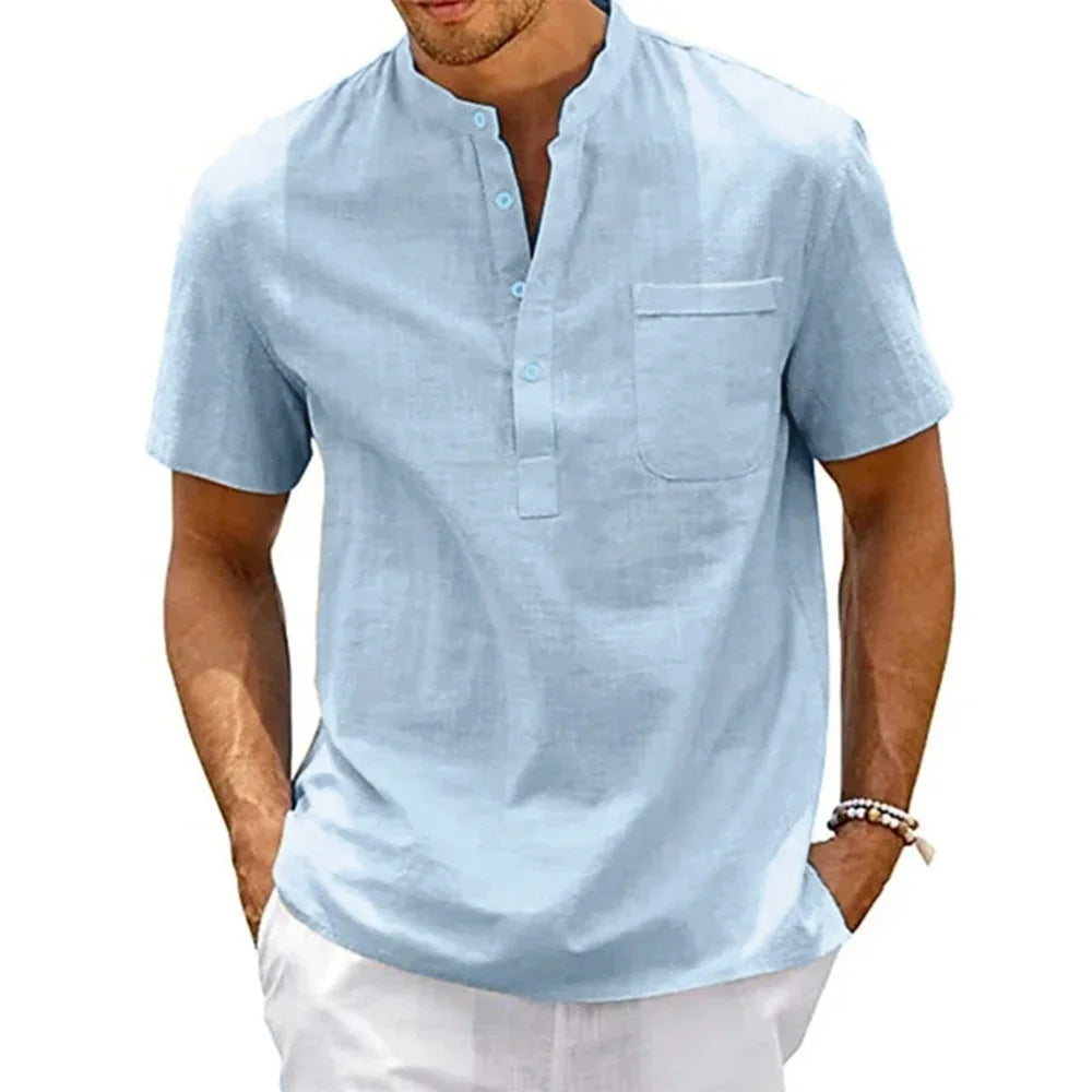 Cotton Linen Shirt Men Henley Neck Pocket Casual Beach Short Sleeve Solid Color Male Tops T-shirts Vintage Streetwear - NJPH Best Selling 