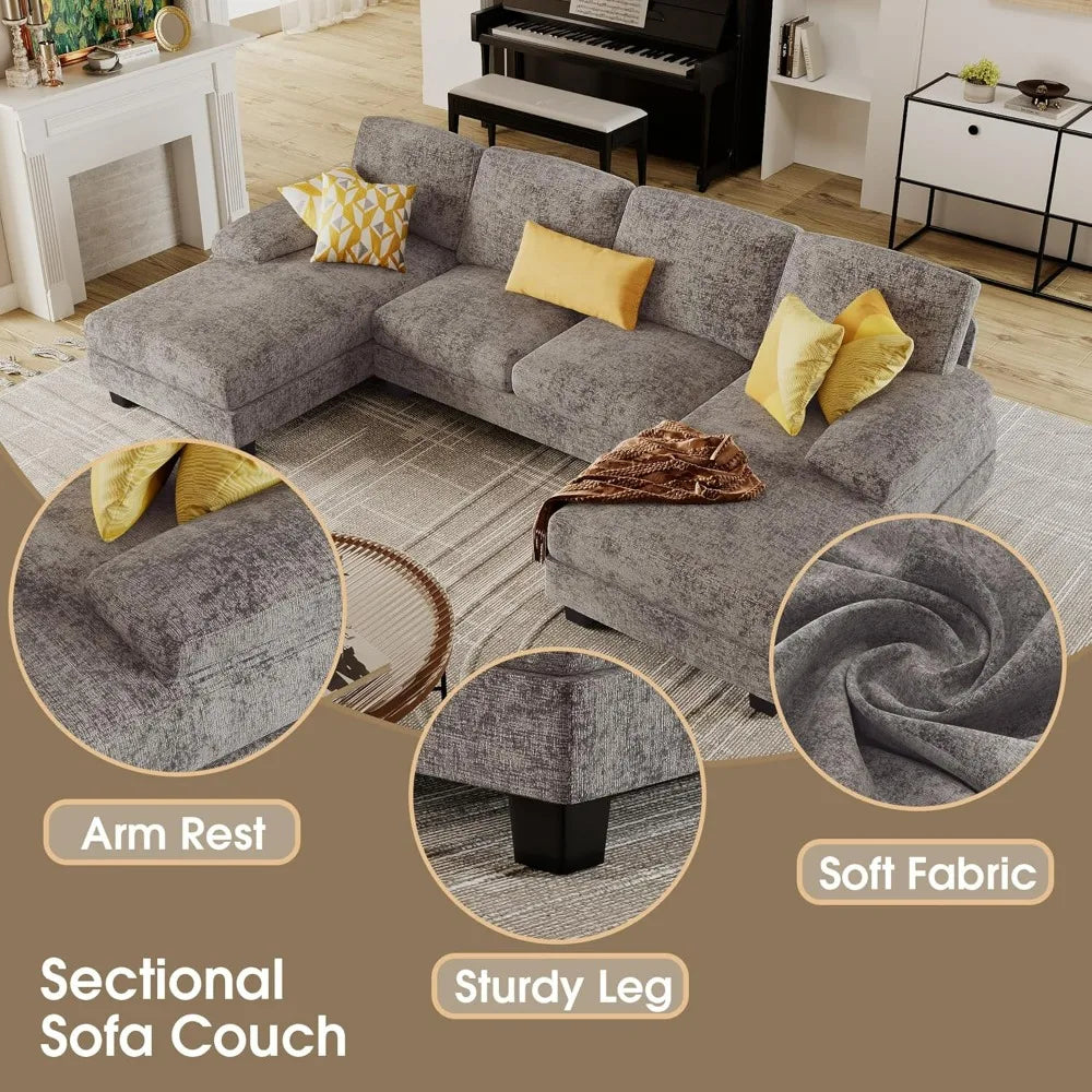 Sectional Couches for Living Room, U-Shaped Sofa Couch with Linen Fabric, 4 Seat Sofa Set with Double Chaise for Apartment Grey