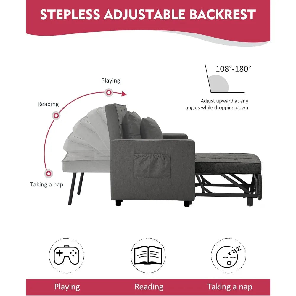 Convertible Chair Sleeper Bed, Stepless Adjustable Backrest, Futon Chair Turns Into Bed, Sleeper Sofa