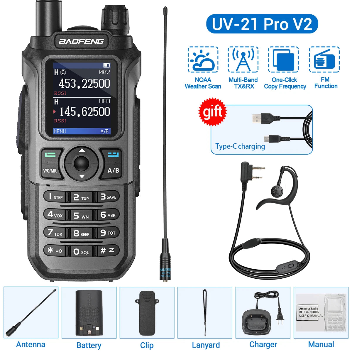 Baofeng UV-21 Pro V2 Wireless Copy Frequency Tri Band Powerful Waterproof Long Range UV-5R 22Pro S22 Type-C Two Way Radio - NJPH Best Selling 