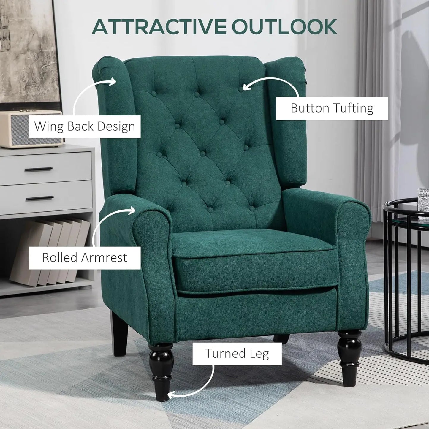 HOMCOM Button-Tufted Accent Chair with High Wingback, Rounded Cushioned Armrests and Thick Padded Seat, Dark Green