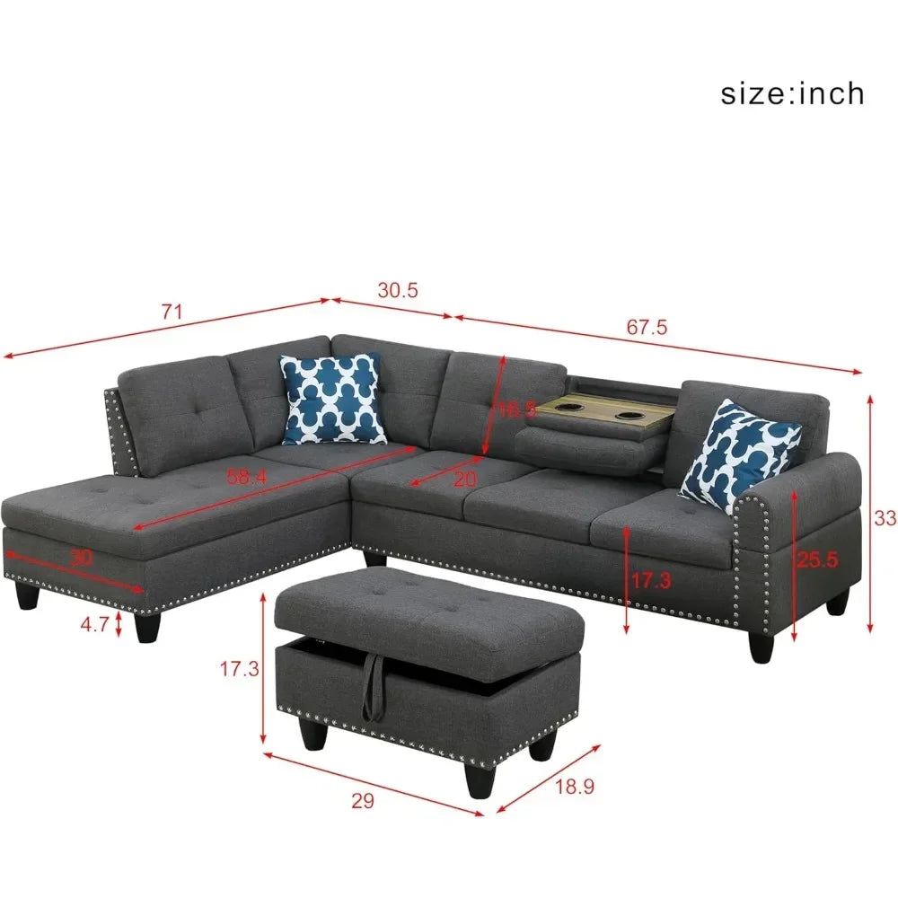 Living Room Sofas with Storage, Chaise and Cup Holder, 4 Seat Modern Linen Fabric Sofá, Convertible Sectional L Shaped Sofas