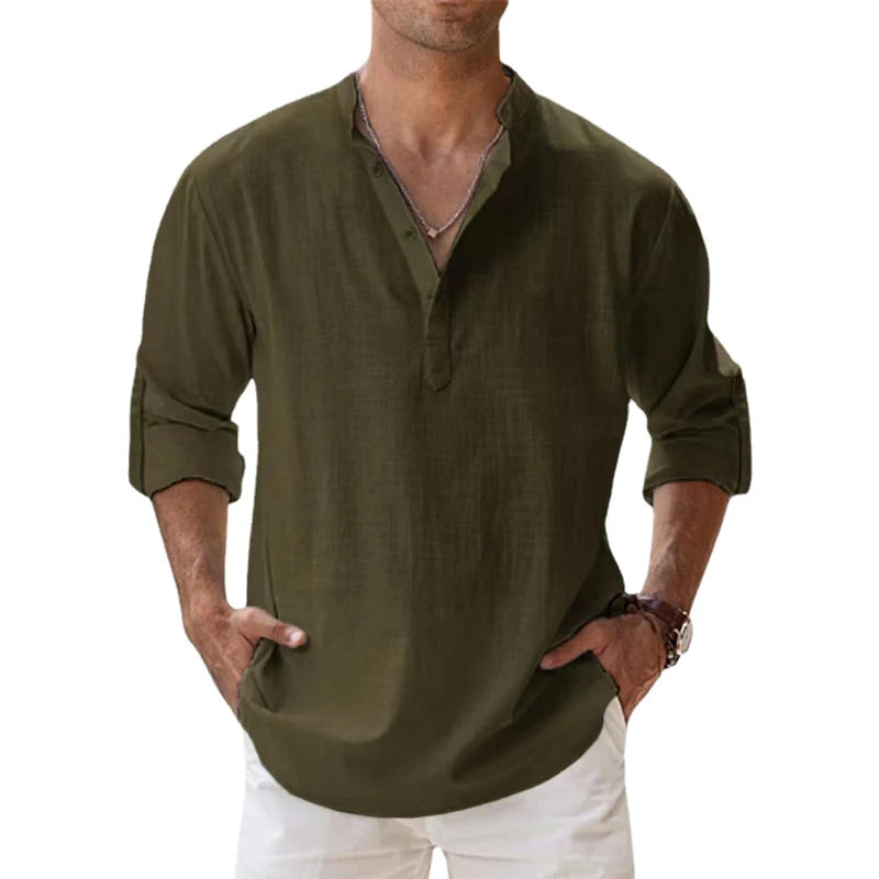 New Cotton Linen Shirts for Men Casual Shirts Lightweight Long Sleeve Henley Beach Shirts Hawaiian T Shirts for Men - NJPH Best Selling 