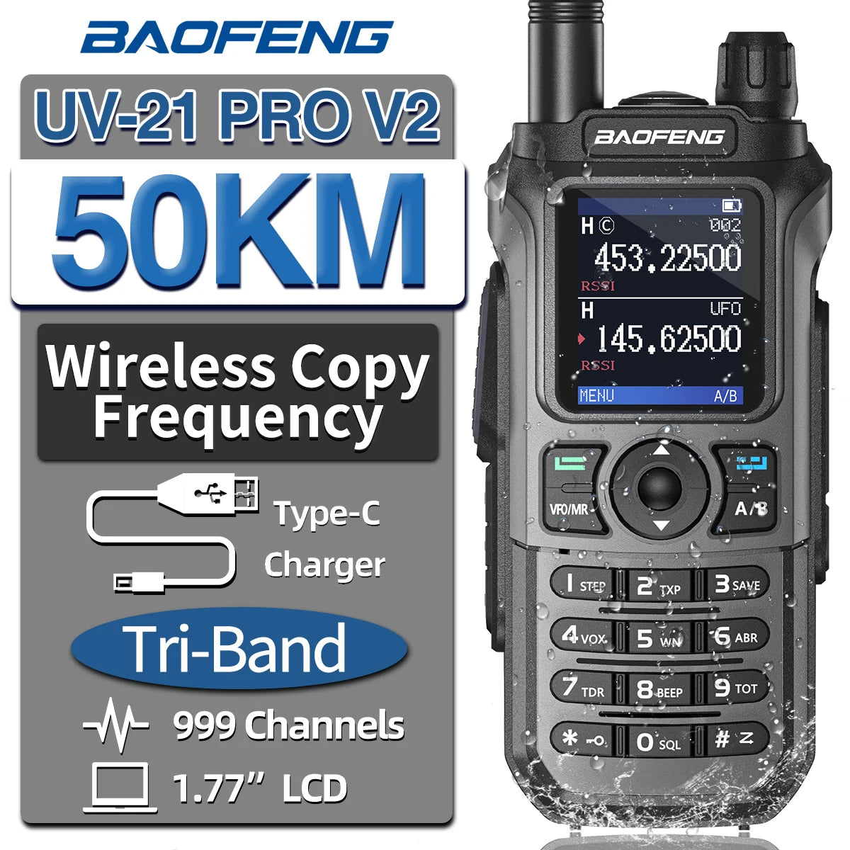 Baofeng UV-21 Pro V2 Wireless Copy Frequency Tri Band Powerful Waterproof Long Range UV-5R 22Pro S22 Type-C Two Way Radio - NJPH Best Selling 