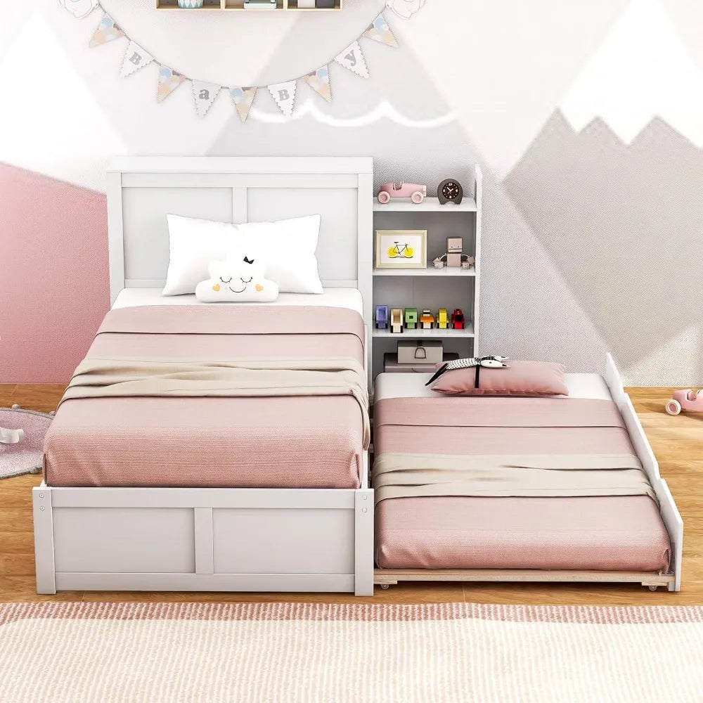 Twin Bed Frame with Trundle, Wooden Bed Frame with 2 Rolling Bookcases & High Headboard, Storage Platform Bed for Kids,