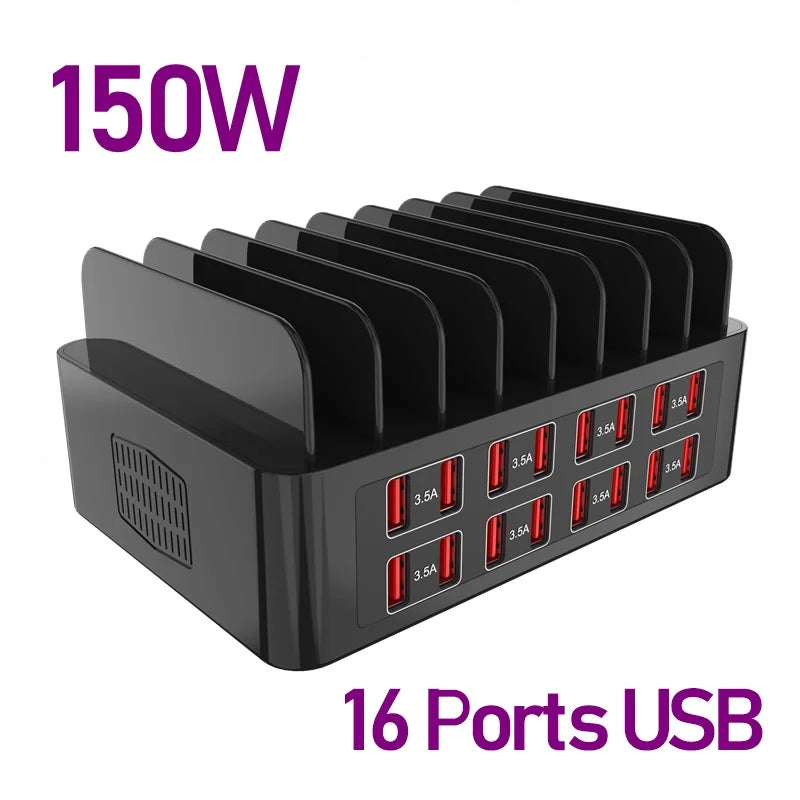 150W Universal Multi USB Fast Charger 16 Port 3.5A MAX Charging Station Stand For Ipad Iphone 14 13 Samsung S22 Xiaomi Tablet