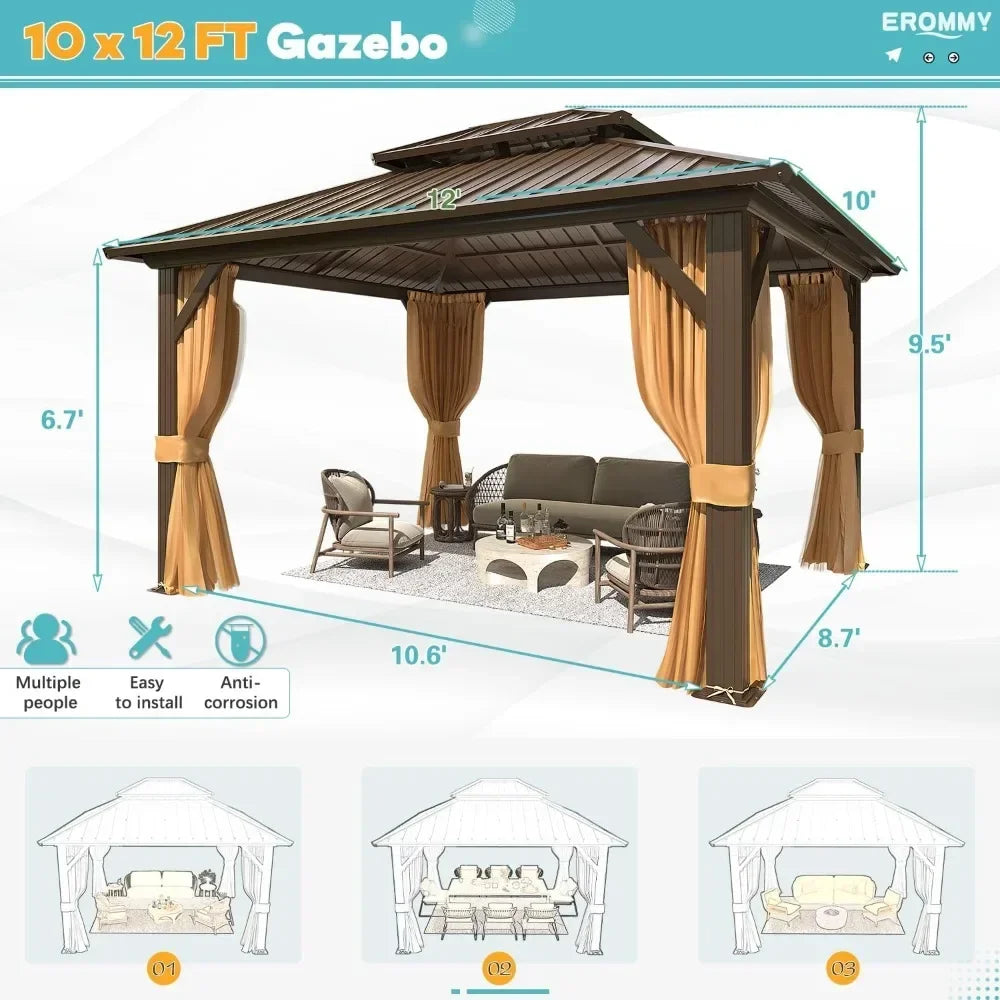 10' x 12' Hardtop Gazebo, Galvanized Steel Double Roof Gazebo with Aluminum Frame, Permanent Outdoor Metal Pavilion with Curtain - NJPH Best Selling 