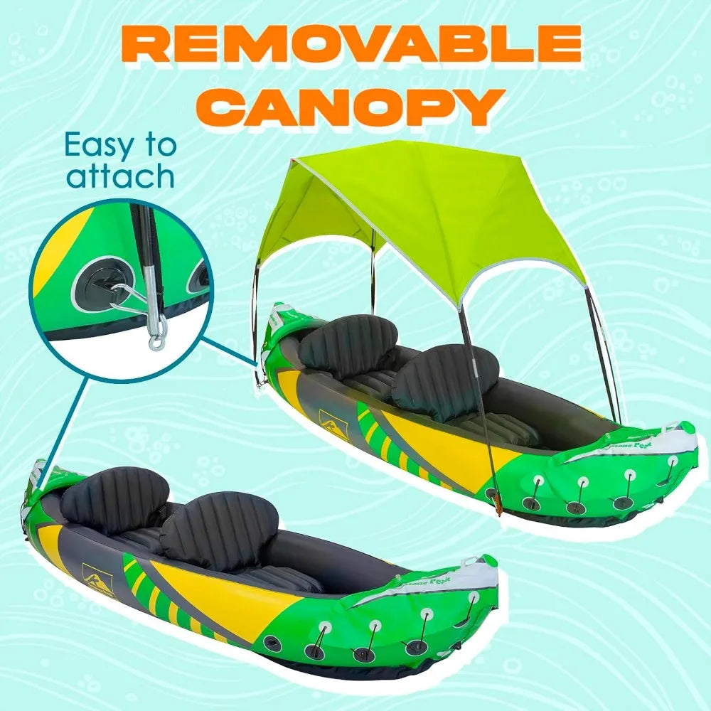 2 Person Inflatable Kayak with Exclusive Sun Canopy (Detachable) + Kayaks for Adults + 3rd Seat for Dog/Child - NJPH Best Selling 