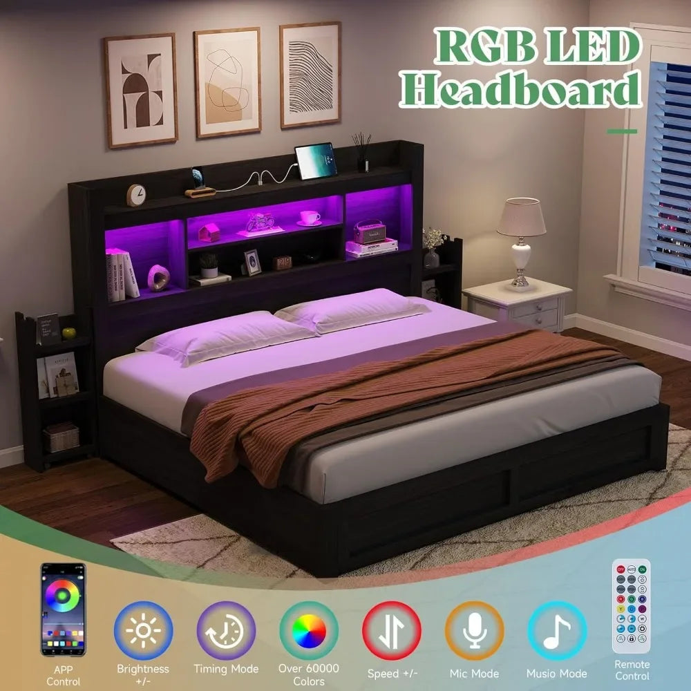 King Size Bed Frame with 4 Storage Drawers, LED Bed Frame with 49.6" Tall Bookcase Headboard, Wood Platform Bed with Charging