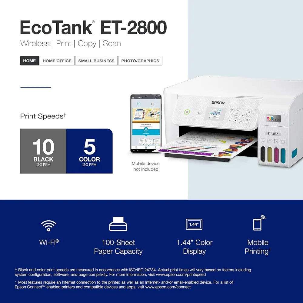 EcoTank ET-2800 Wireless Color All-in-One Cartridge-Free Supertank Printer with Scan and Copy The Ideal Basic Home Printer - NJPH Best Selling 