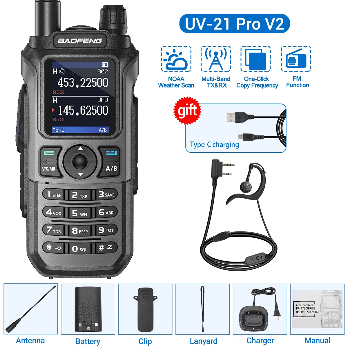 Baofeng UV-21 Pro V2 Wireless Copy Frequency Tri Band Powerful Waterproof Long Range UV-5R 22Pro S22 Type-C Two Way Radio - NJPH Best Selling 