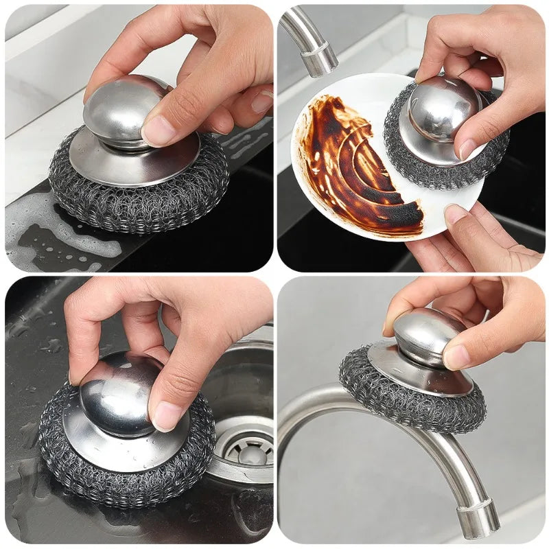 5/1Pcs Pot and Dish Brush Stainless Steel Round Handle Steel Ball Household Rust Removal Cleaning Tool Kitchen Utensils Scrubber - NJPH Best Selling 