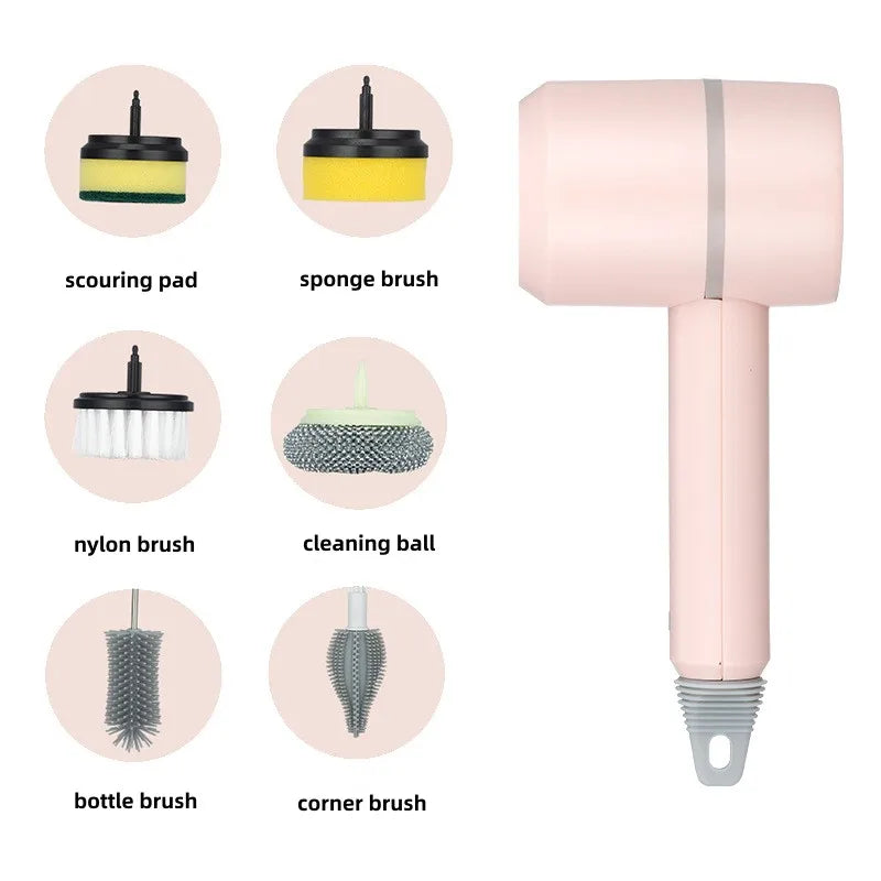 Multifunctional Electric Spin Scrubber Rechargeable with 6 Replaceable Cleaning Brush Heads or Bathroom Kitchen Oven Dish Floor - NJPH Best Selling 