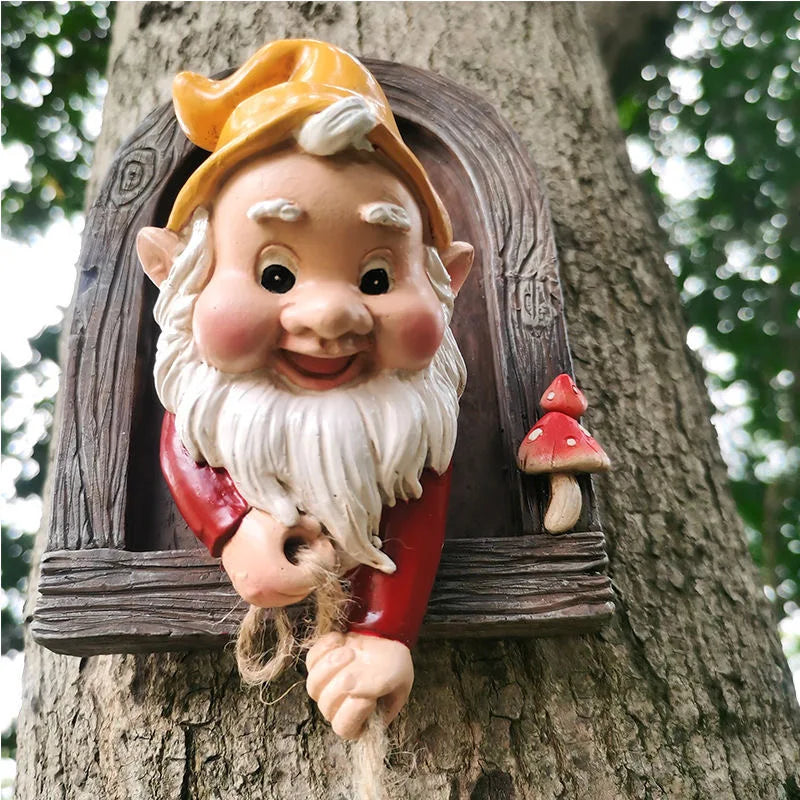 Resin Climbing Gnome Sculpture White Beard Dwarf Art Statue Courtyard Landscape Figurines Garden Tree Decoration Elf Pendant - NJPH Best Selling 