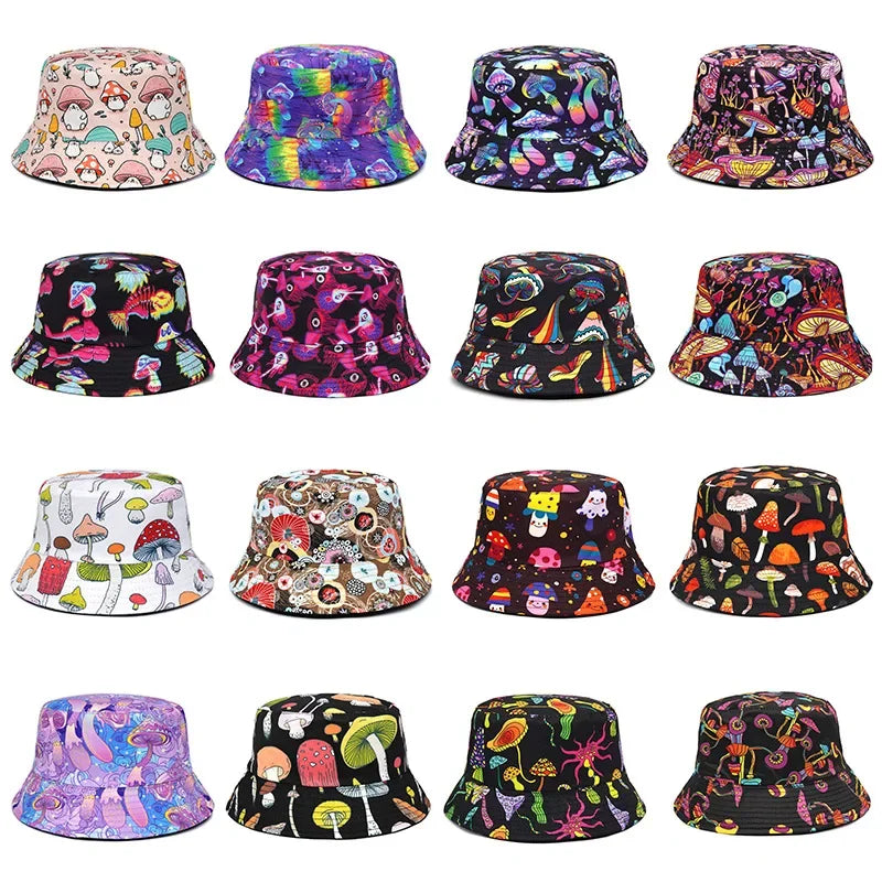 2023 New Mushroom Print Fisherman Hat Women Men Bucket Hat Outdoor Double-sided Sunshade Fashion Basin Panama Bob Cap - NJPH Best Selling 