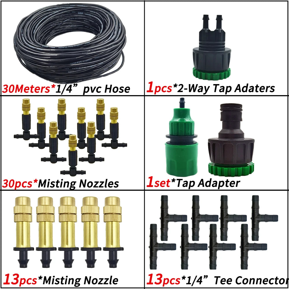 5M-30M Outdoor Misting Cooling System Garden Irrigation Watering 1/4'' Brass Atomizer Nozzles 4/7mm Hose for Patio Greenhouse - NJPH Best Selling 