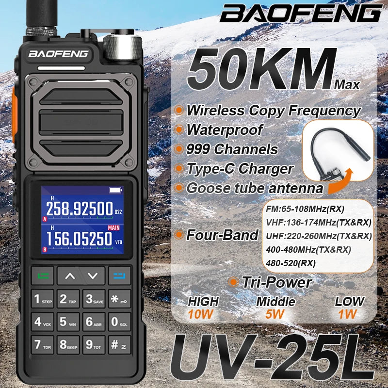 BAOFENG UV-25L Ham Radio High Powerful Tactical Walkie Talkie 50KM Four-Band Type-C 999Channel Two Way Radio BAOFENG NEW Upgrade - NJPH Best Selling 