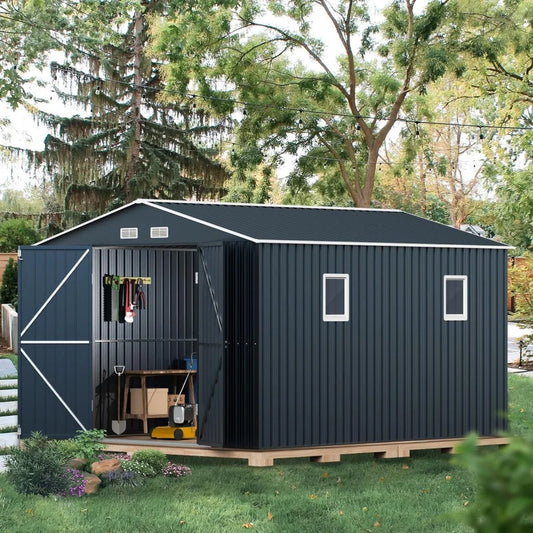 10X12X7.5 FT Outdoor Steel Storage Shed with Lockable Doors, Ideal for Garden, Backyard, and Patio Utility and Tool Storage - NJPH Best Selling 