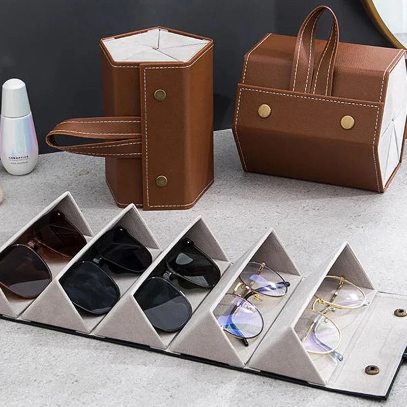 Portable Glasses Organizer 3/5Grids Multi-slot Eyeglasses Storage Display Travel Folding Sunglasses PU Leather Case Home Storage - NJPH Best Selling 