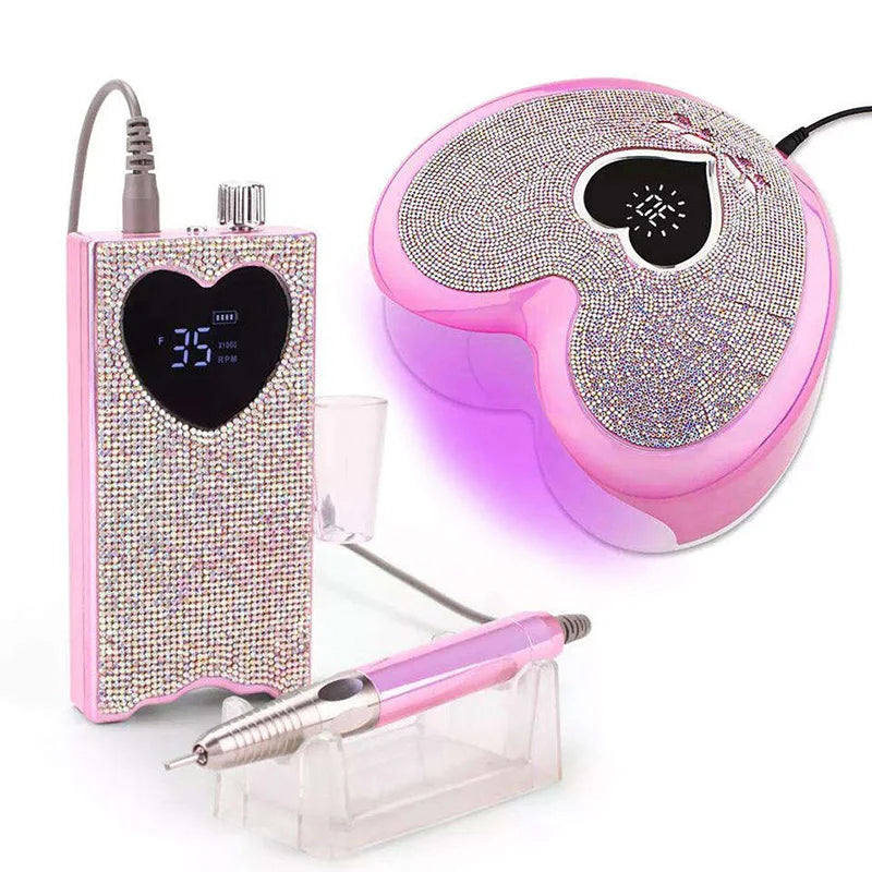 96W Nail Dryer Lamp with Rhinestone Nail Gel Dryer Pedicure Machine LED light for Nails Heart Shaped Nail Drill and UV Lamp Set - NJPH Best Selling 