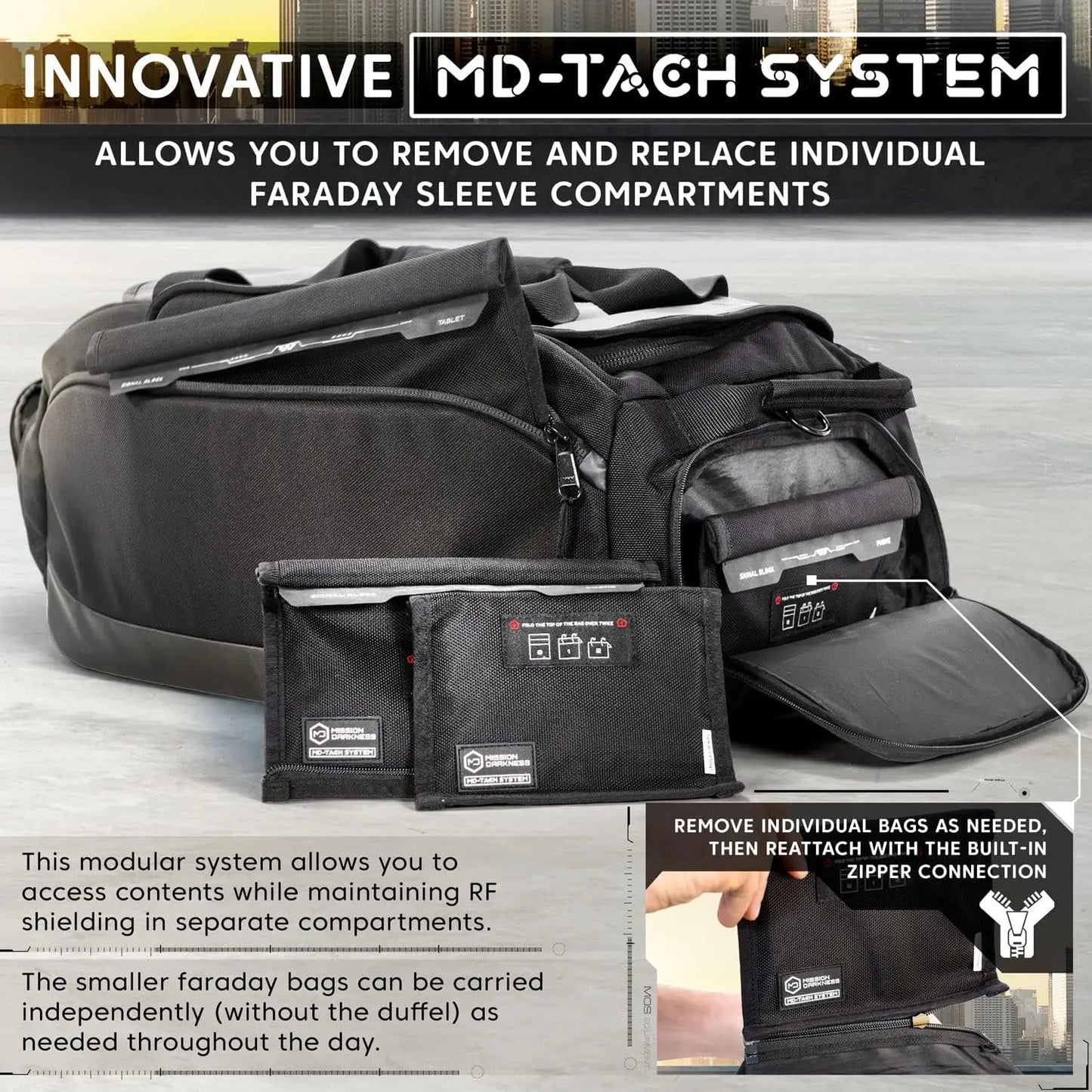 Disconnect Faraday Duffel Bag + 4 Detachable Faraday Pockets // Military-Grade RF Shielding