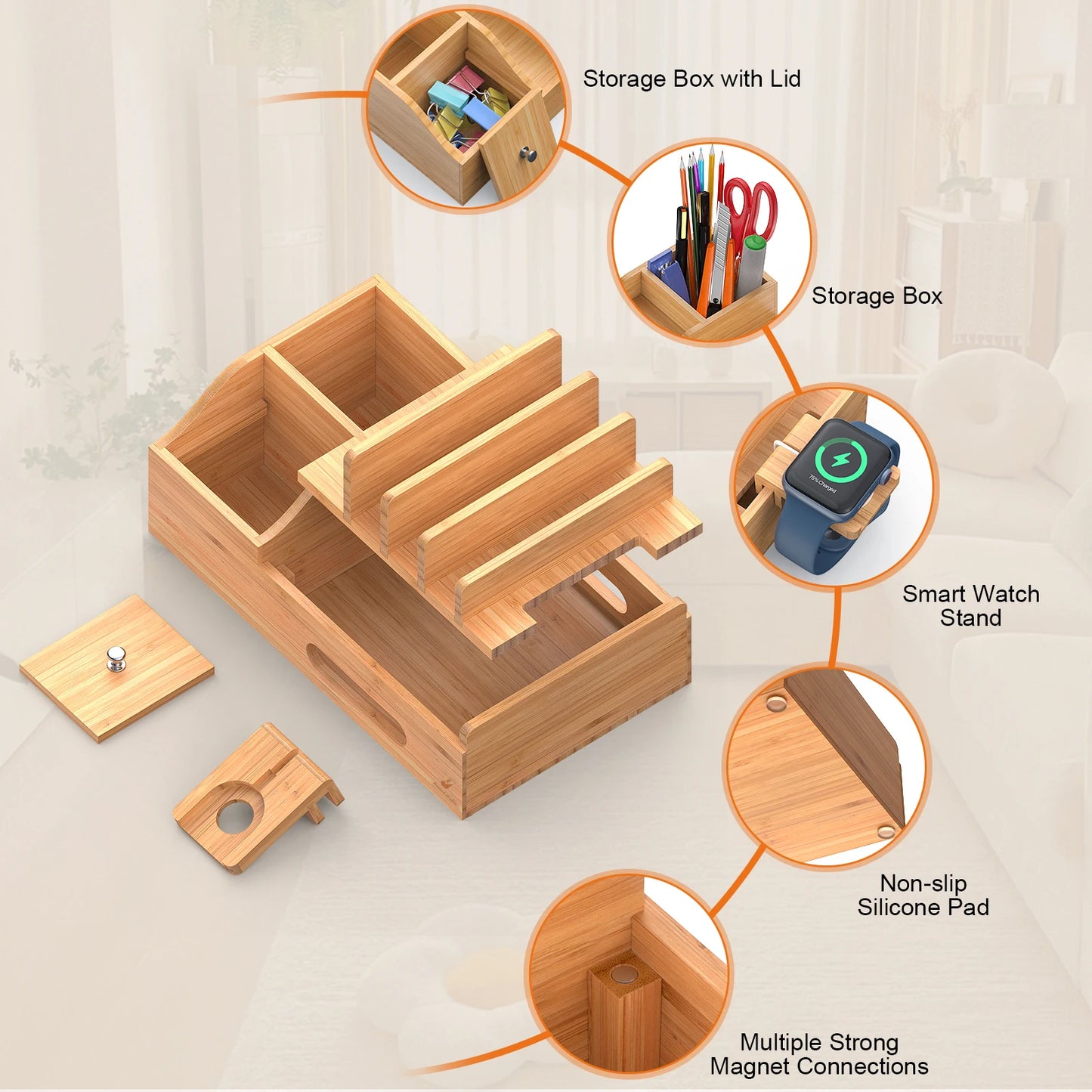 Charging Station for Multiple Devices , Desktop Organizer for Phones, Tablet, Wooden Docking Stations