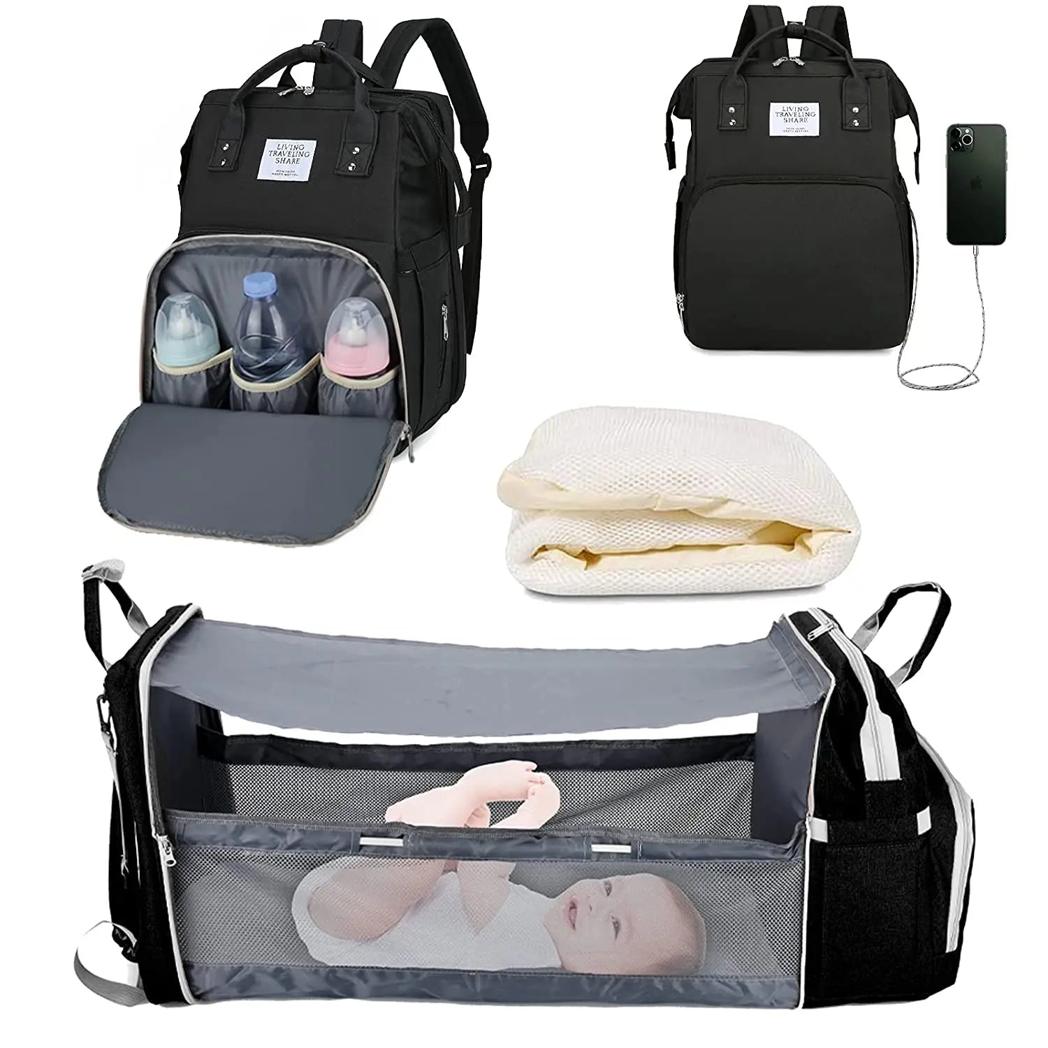 3 In 1 Diaper Bag Backpack Foldable Baby Bed Waterproof Travel Bag with USB Charge Diaper Bag Backpack with Changing Bed 3 types - NJPH Best Selling 