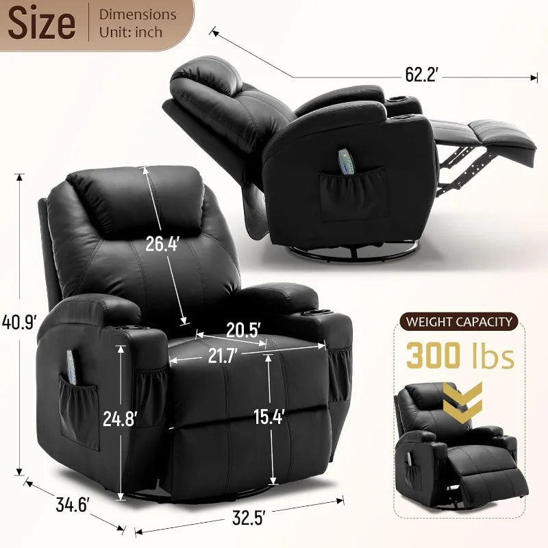 Recliner Chair, Rocking Chair with Massage and Heat, 360° Swivel Recliner Chairs for Adults, Rocker Manual Recliner