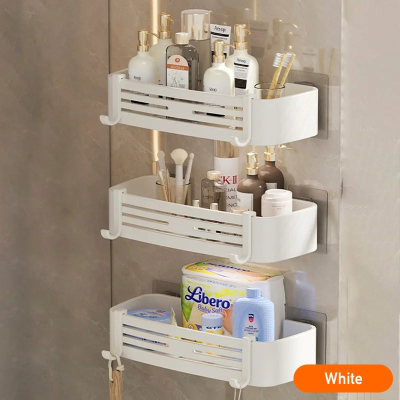 White Aluminum Bathroom Storage Shelves Rack Wall Mounted Without Drilling Kitchen Shower Shampoo Caddy Holder Organizer Shelf - NJPH Best Selling 