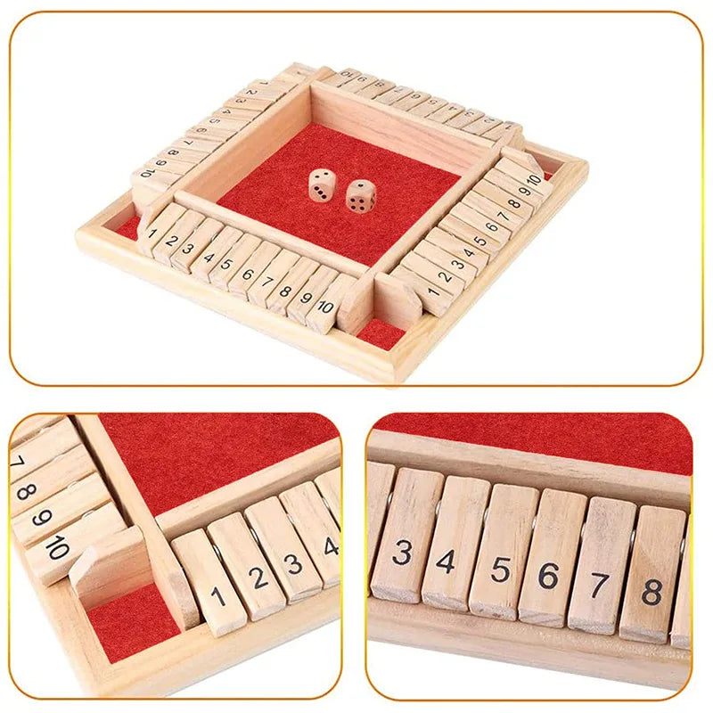 Deluxe Four Sided 10 Numbers Shut The Box Board Game Set Dice Party Club Drinking Games for Adults Families - NJPH Best Selling 