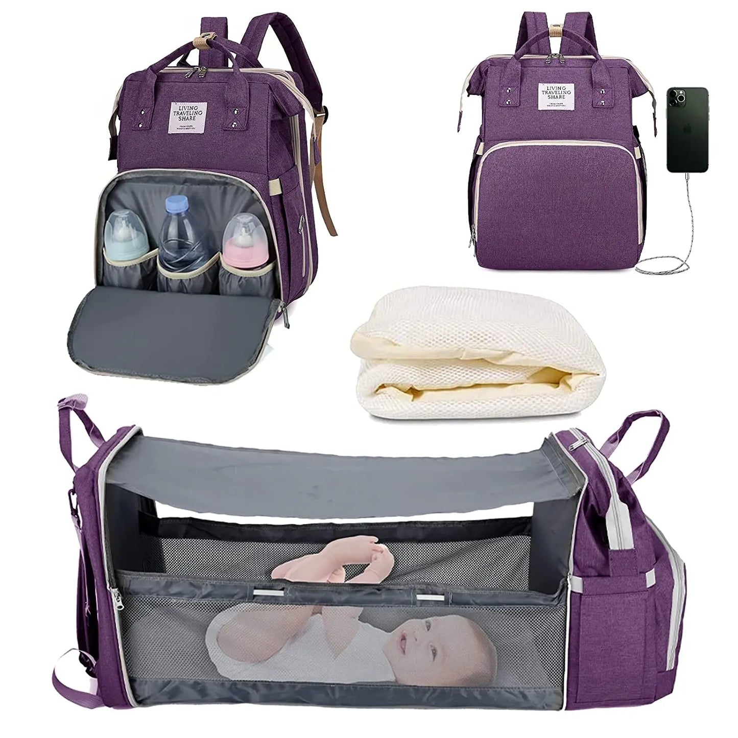 3 In 1 Diaper Bag Backpack Foldable Baby Bed Waterproof Travel Bag with USB Charge Diaper Bag Backpack with Changing Bed 3 types - NJPH Best Selling 