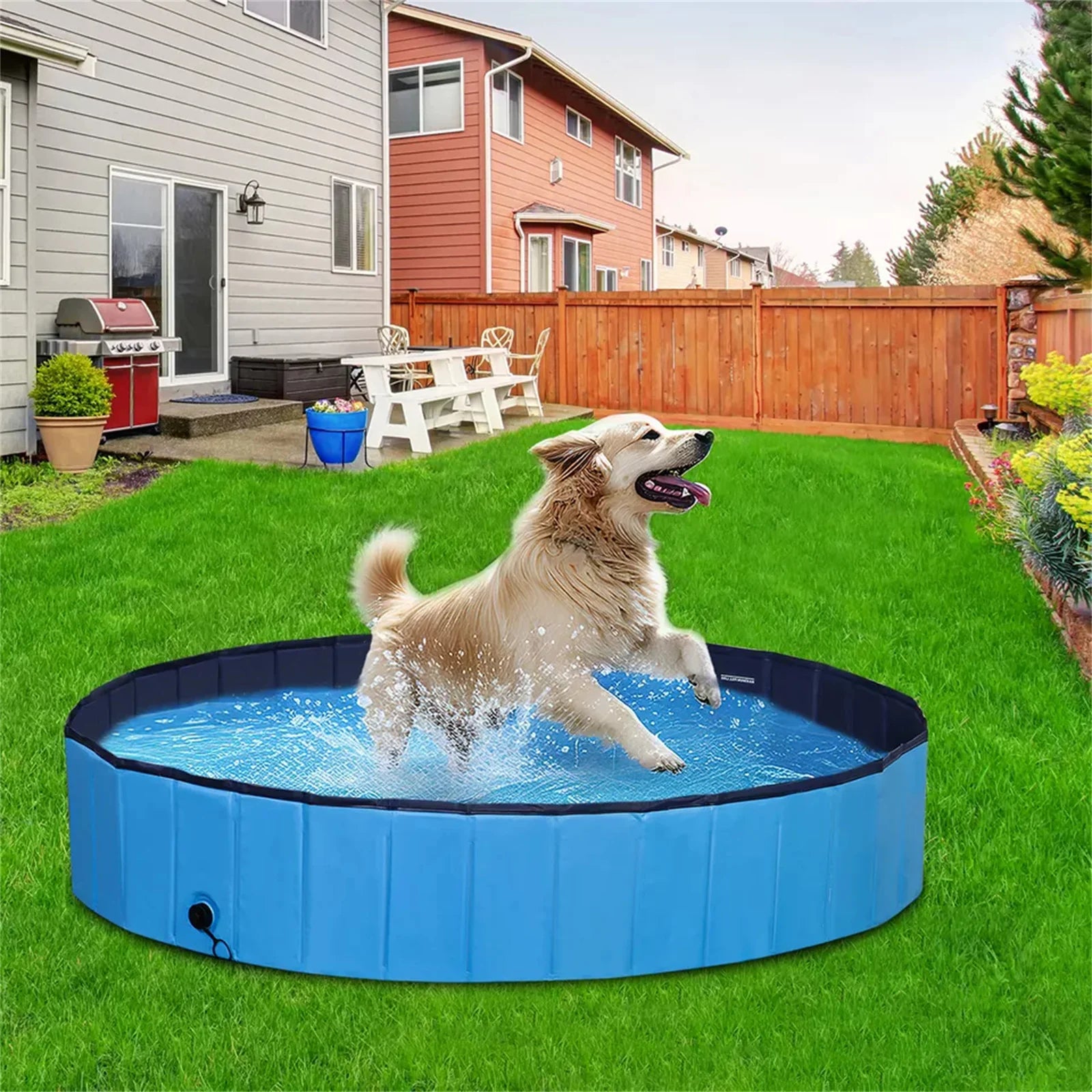 Foldable Dog Pool Pet Swimming Pool Plastic Puppy Cat Shower Outdoor Indoor Blue - NJPH Best Selling 