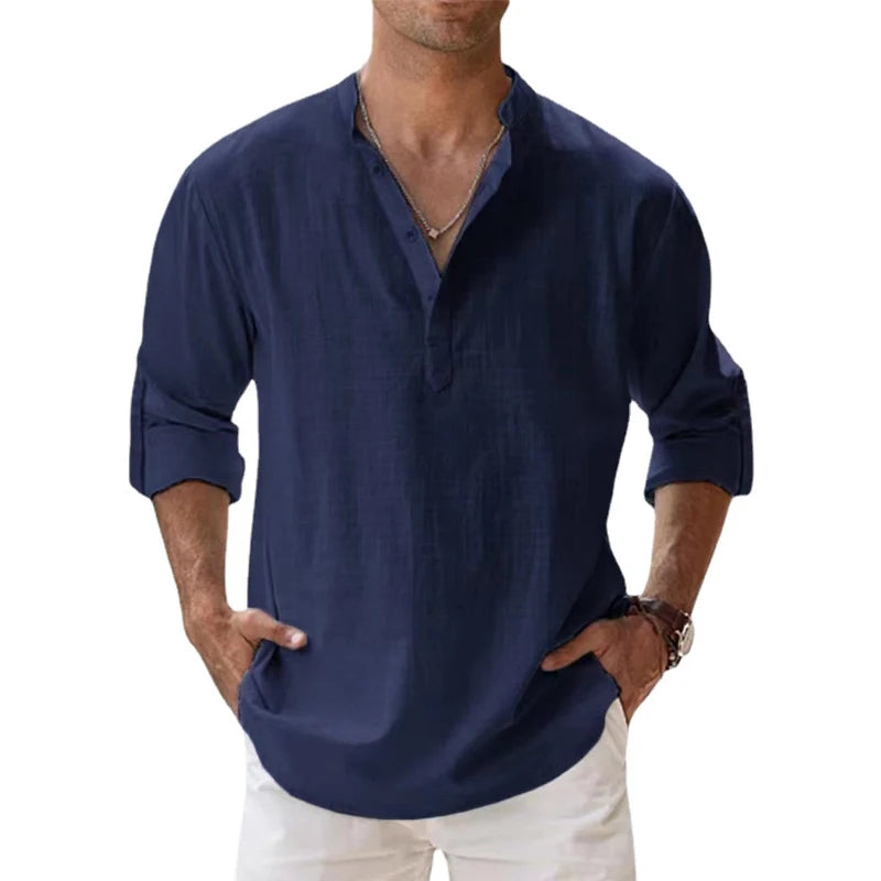 New Cotton Linen Shirts for Men Casual Shirts Lightweight Long Sleeve Henley Beach Shirts Hawaiian T Shirts for Men - NJPH Best Selling 