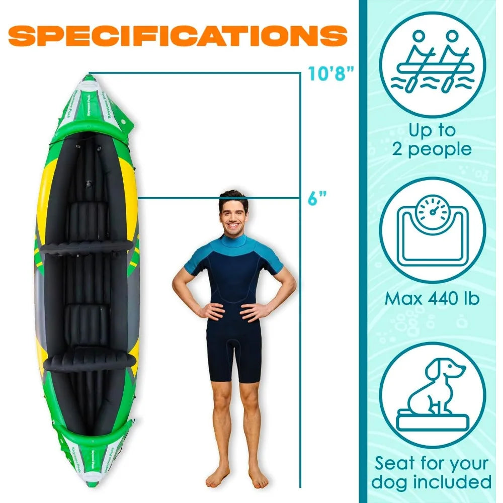 2 Person Inflatable Kayak with Exclusive Sun Canopy (Detachable) + Kayaks for Adults + 3rd Seat for Dog/Child - NJPH Best Selling 