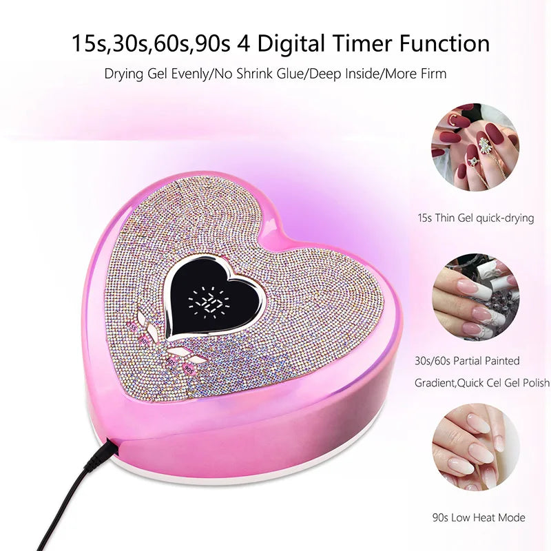 96W Nail Dryer Lamp with Rhinestone Nail Gel Dryer Pedicure Machine LED light for Nails Heart Shaped Nail Drill and UV Lamp Set - NJPH Best Selling 