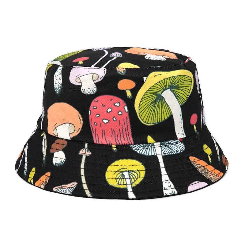 2023 New Mushroom Print Fisherman Hat Women Men Bucket Hat Outdoor Double-sided Sunshade Fashion Basin Panama Bob Cap - NJPH Best Selling 