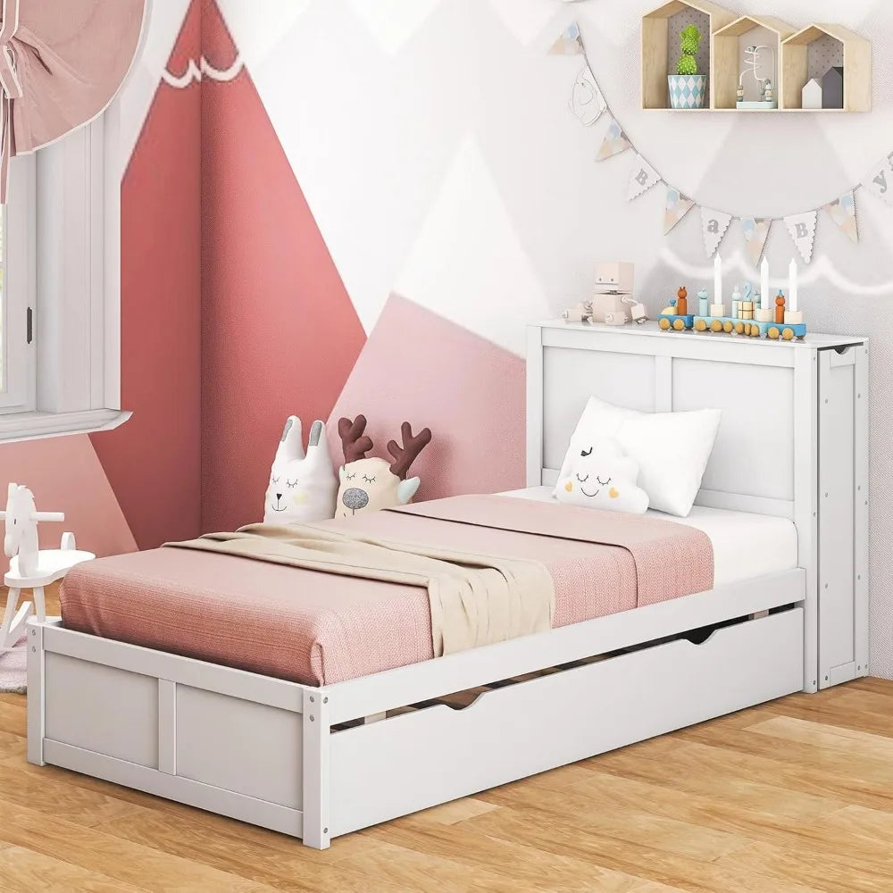 Twin Bed Frame with Trundle, Wooden Bed Frame with 2 Rolling Bookcases & High Headboard, Storage Platform Bed for Kids,