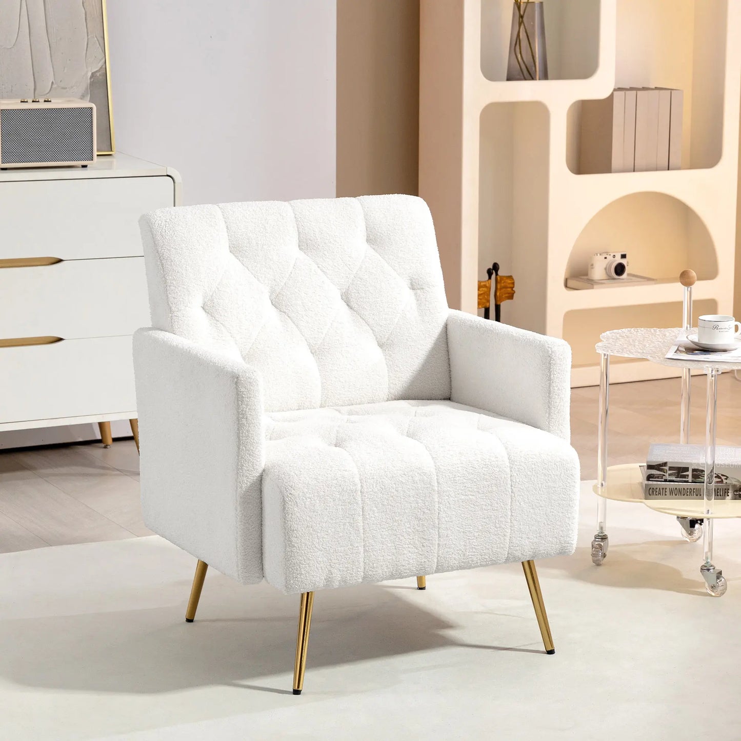 HOMCOM Modern Sherpa Accent Chair, Upholstered Tufted Armchair with Gold Steel Legs, Comfy Living Room Chairs, White